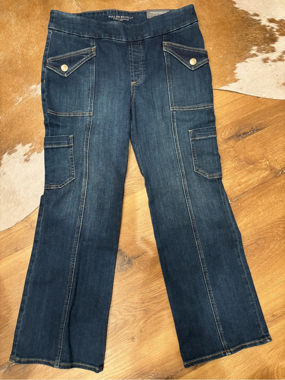 Chico's Dark Blue Pull-On Bootcut Jeans with Cargo Pockets